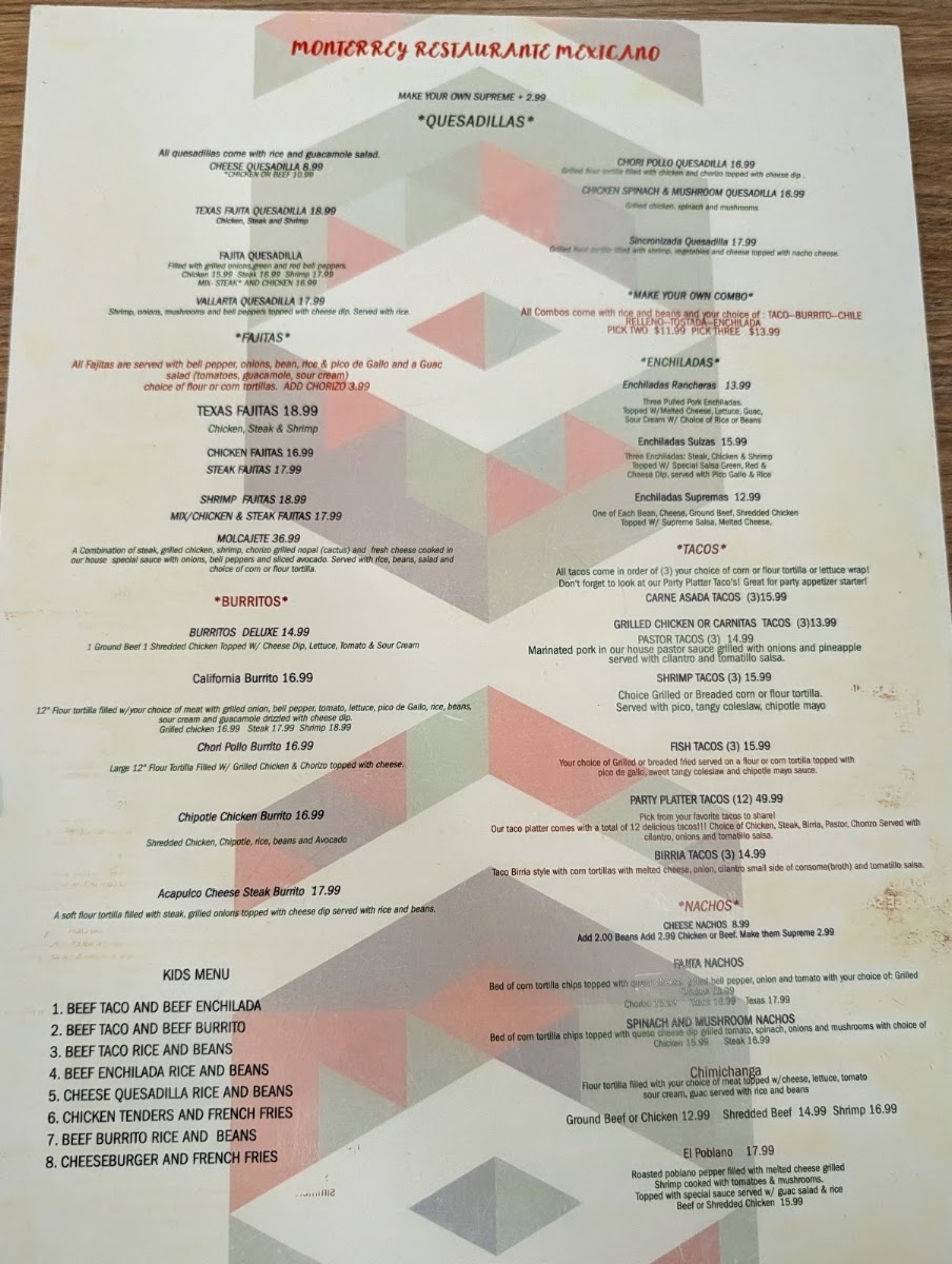 Monterrey of Newnan menu board