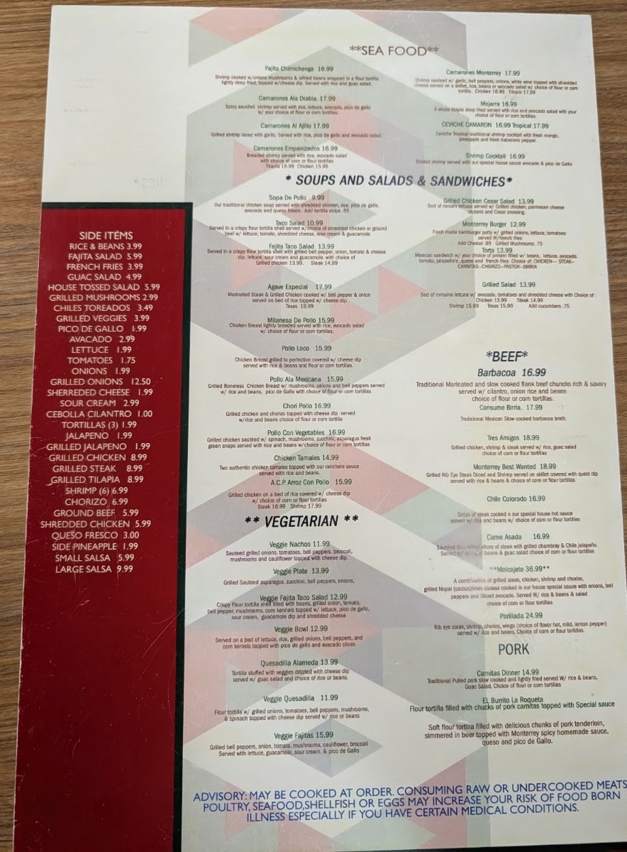Monterrey of Newnan menu board