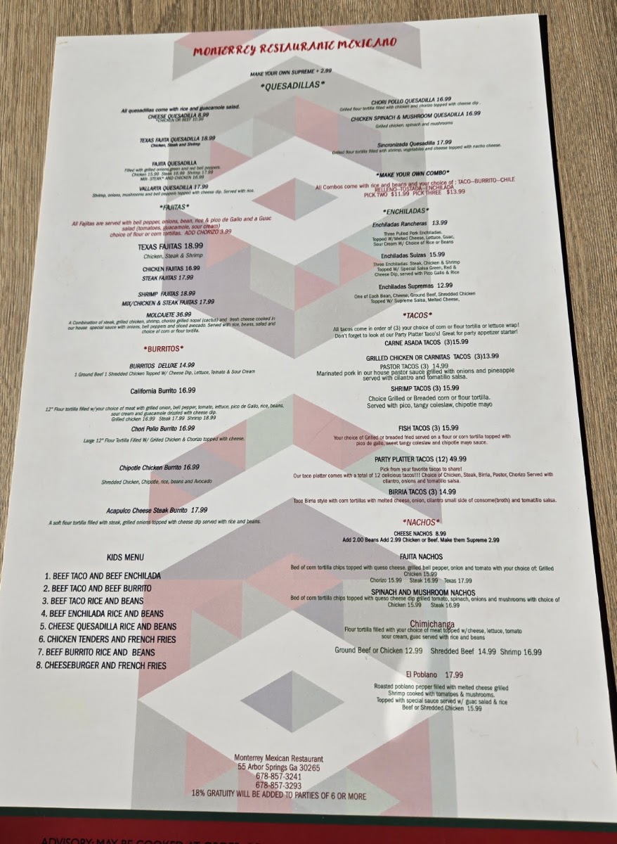 Monterrey of Newnan menu board
