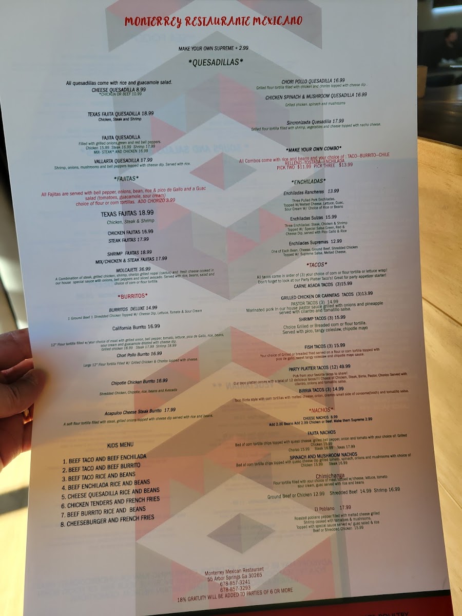 Monterrey of Newnan menu board