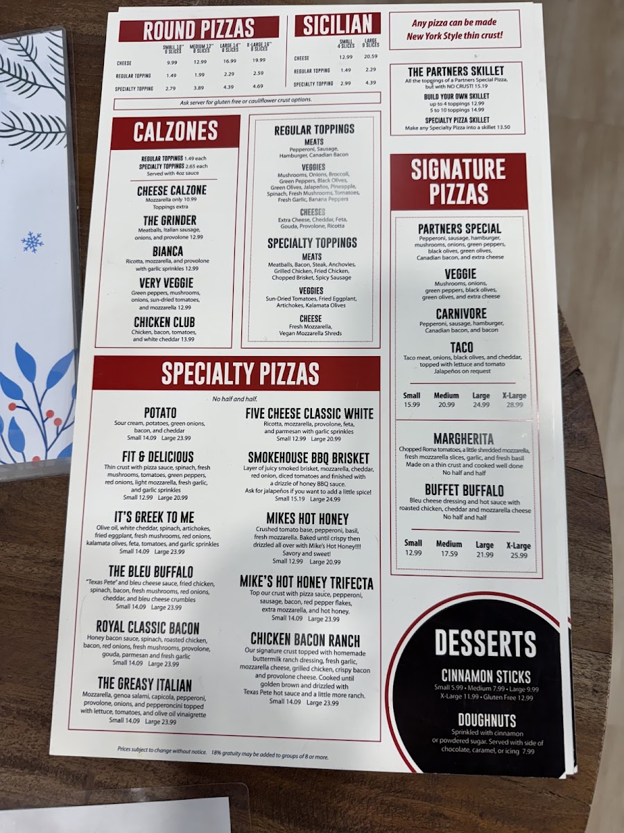 Partners II Pizza Arbor Springs menu board