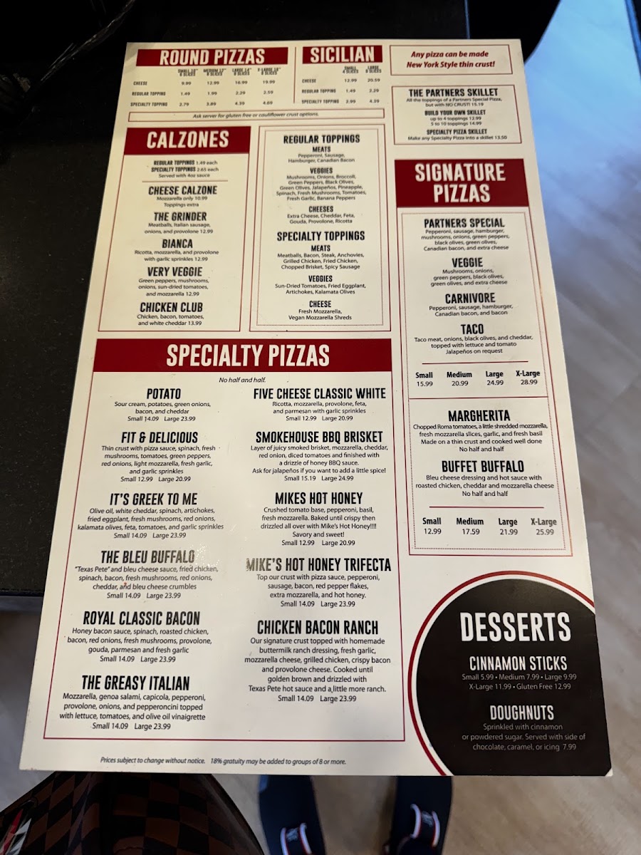 Partners II Pizza Arbor Springs menu board