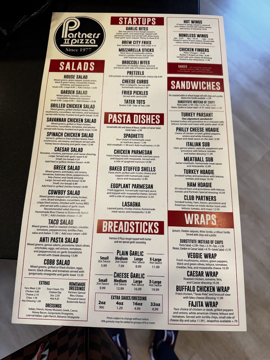Partners II Pizza Arbor Springs menu board