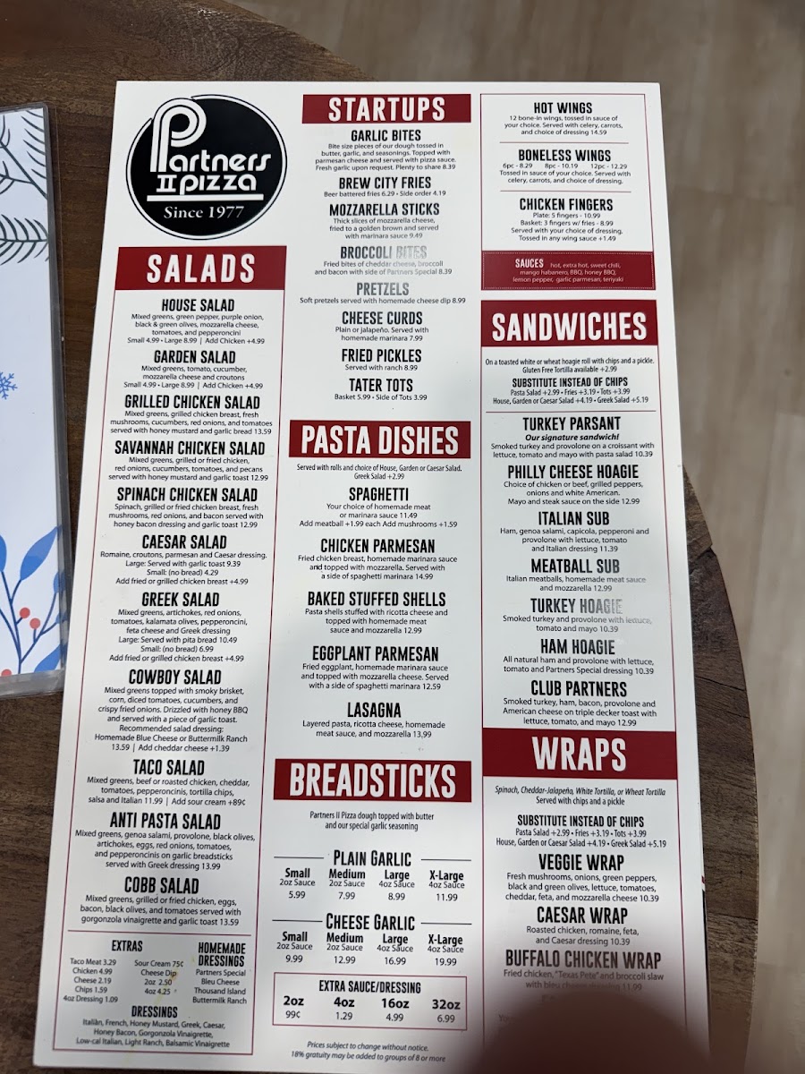 Partners II Pizza Arbor Springs menu board