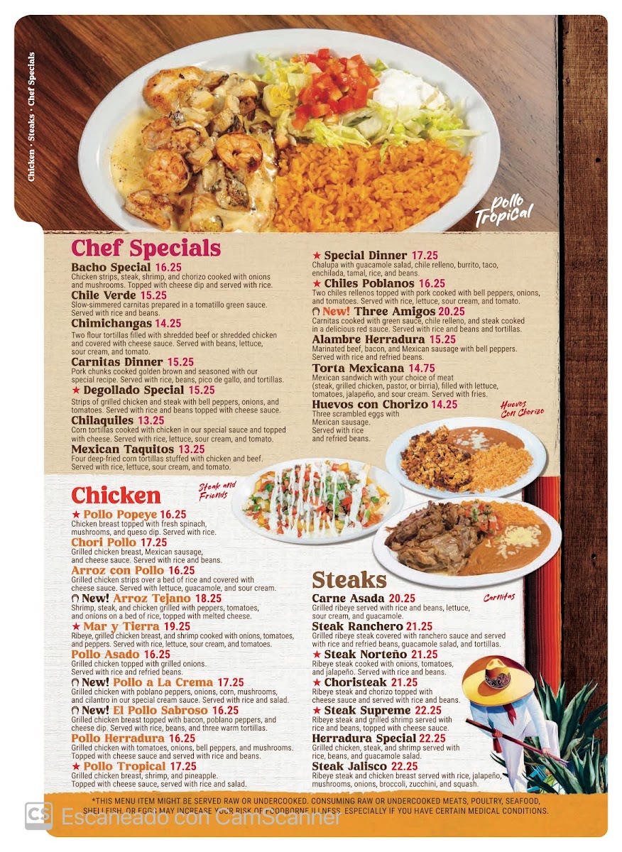 Fuego y Salsa Mexican Grill + Bar menu board