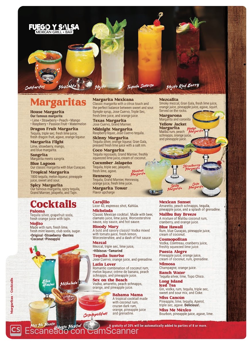 Fuego y Salsa Mexican Grill + Bar menu board