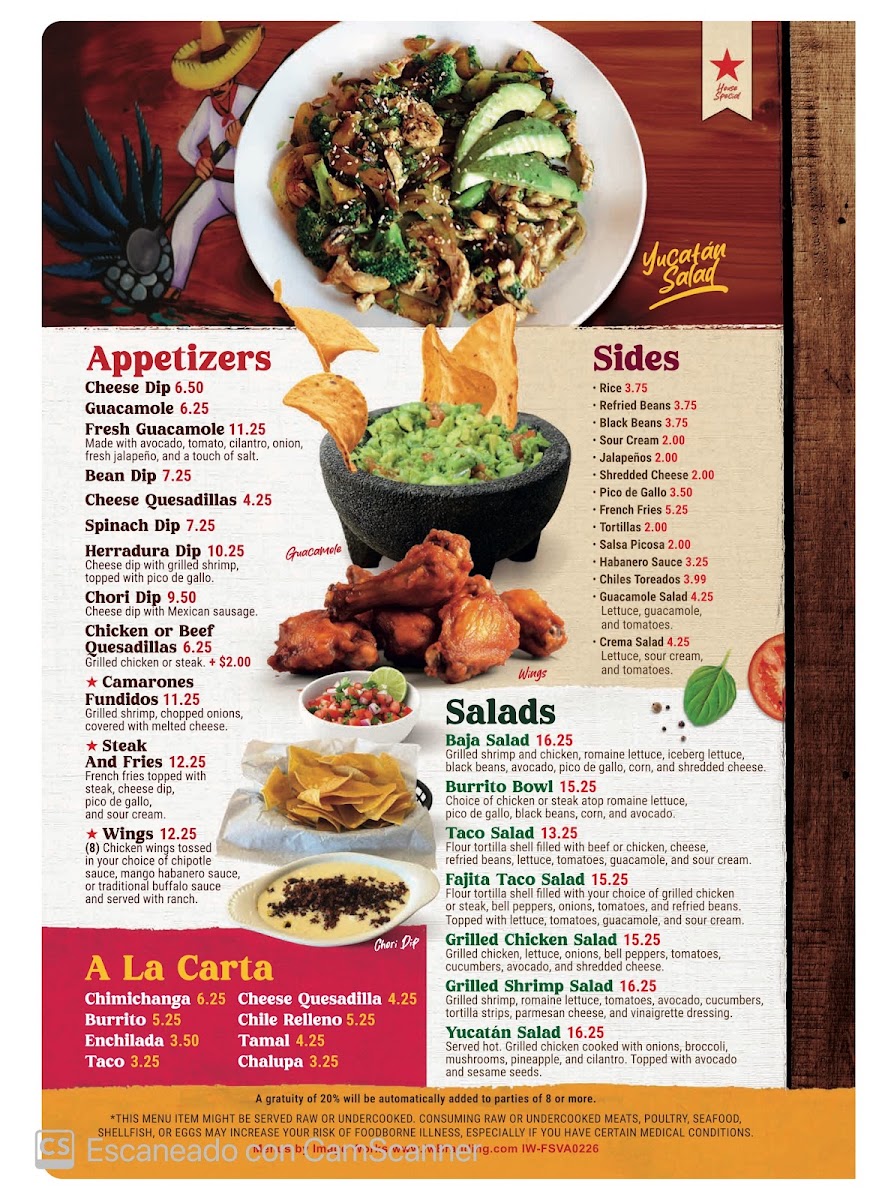 Fuego y Salsa Mexican Grill + Bar menu board