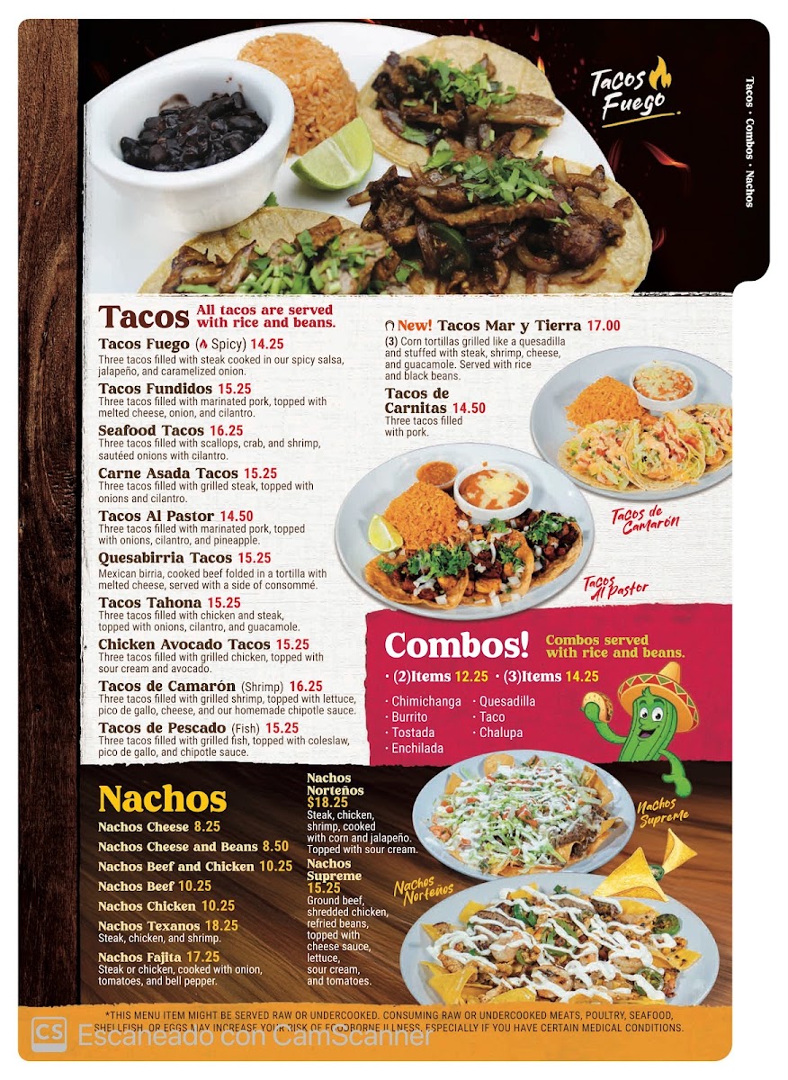 Fuego y Salsa Mexican Grill + Bar menu board
