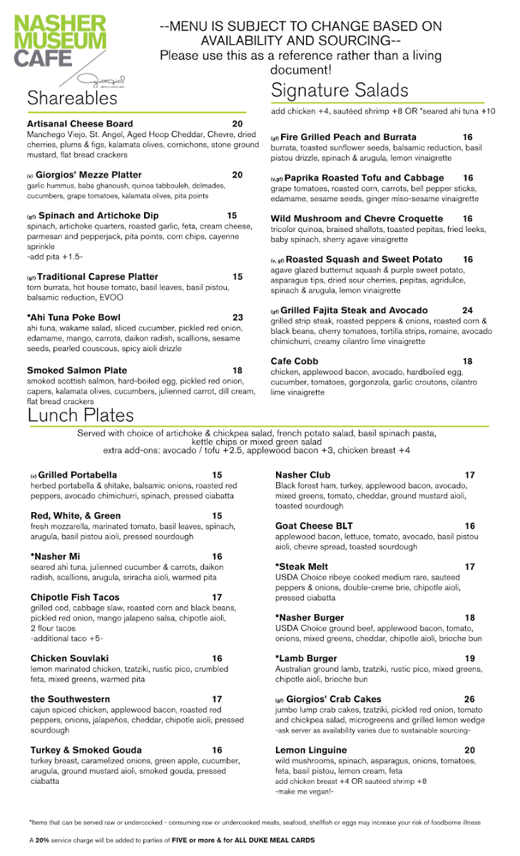 Nasher Cafe menu board