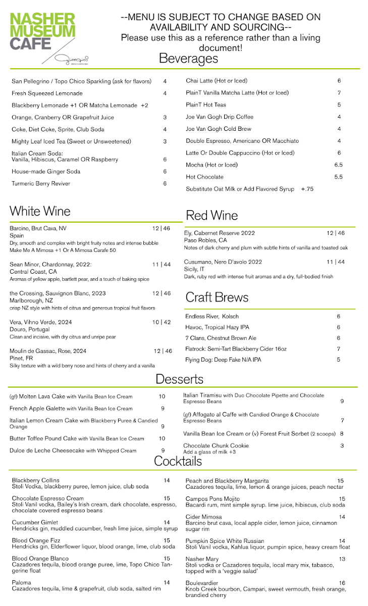 Nasher Cafe menu board