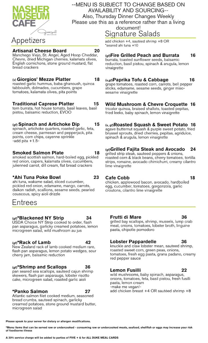 Nasher Cafe menu board