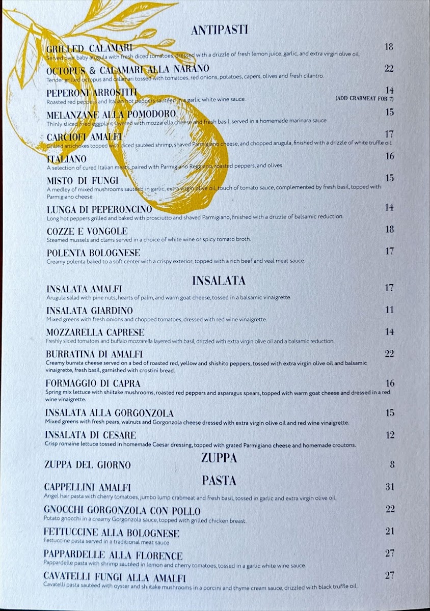 Amalfi Ristorante BYOB menu board