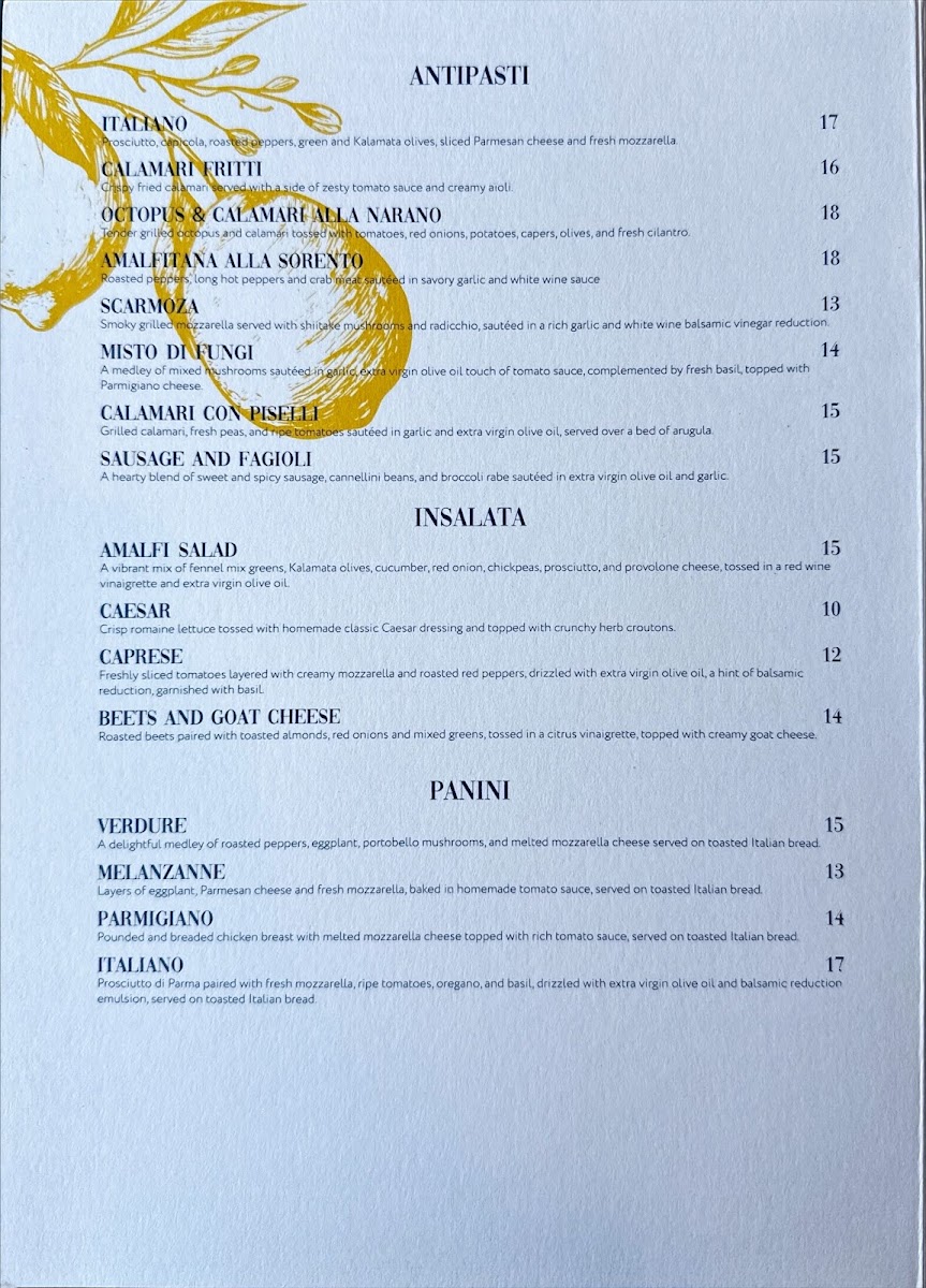 Amalfi Ristorante BYOB menu board