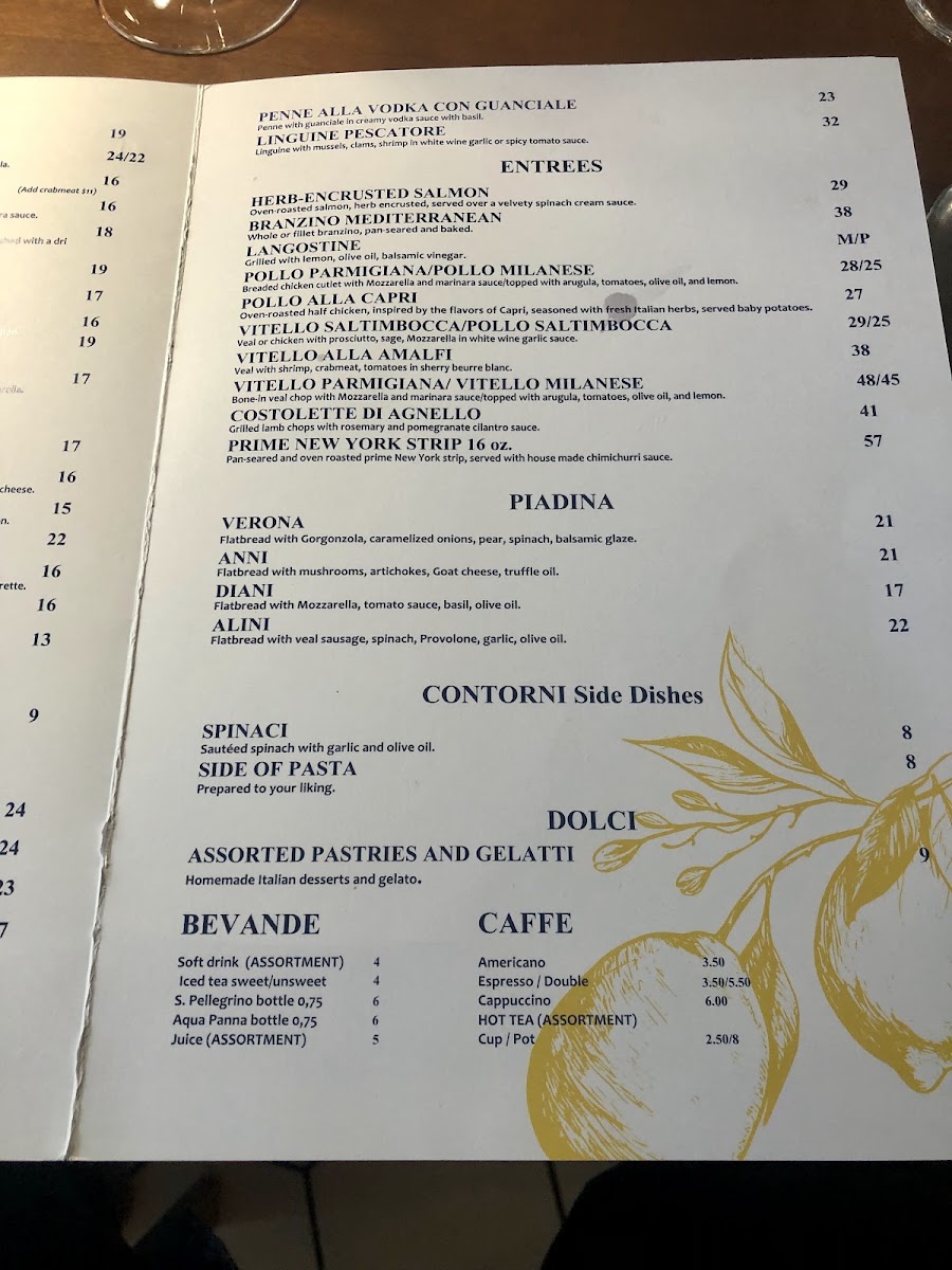 Amalfi Ristorante BYOB menu board