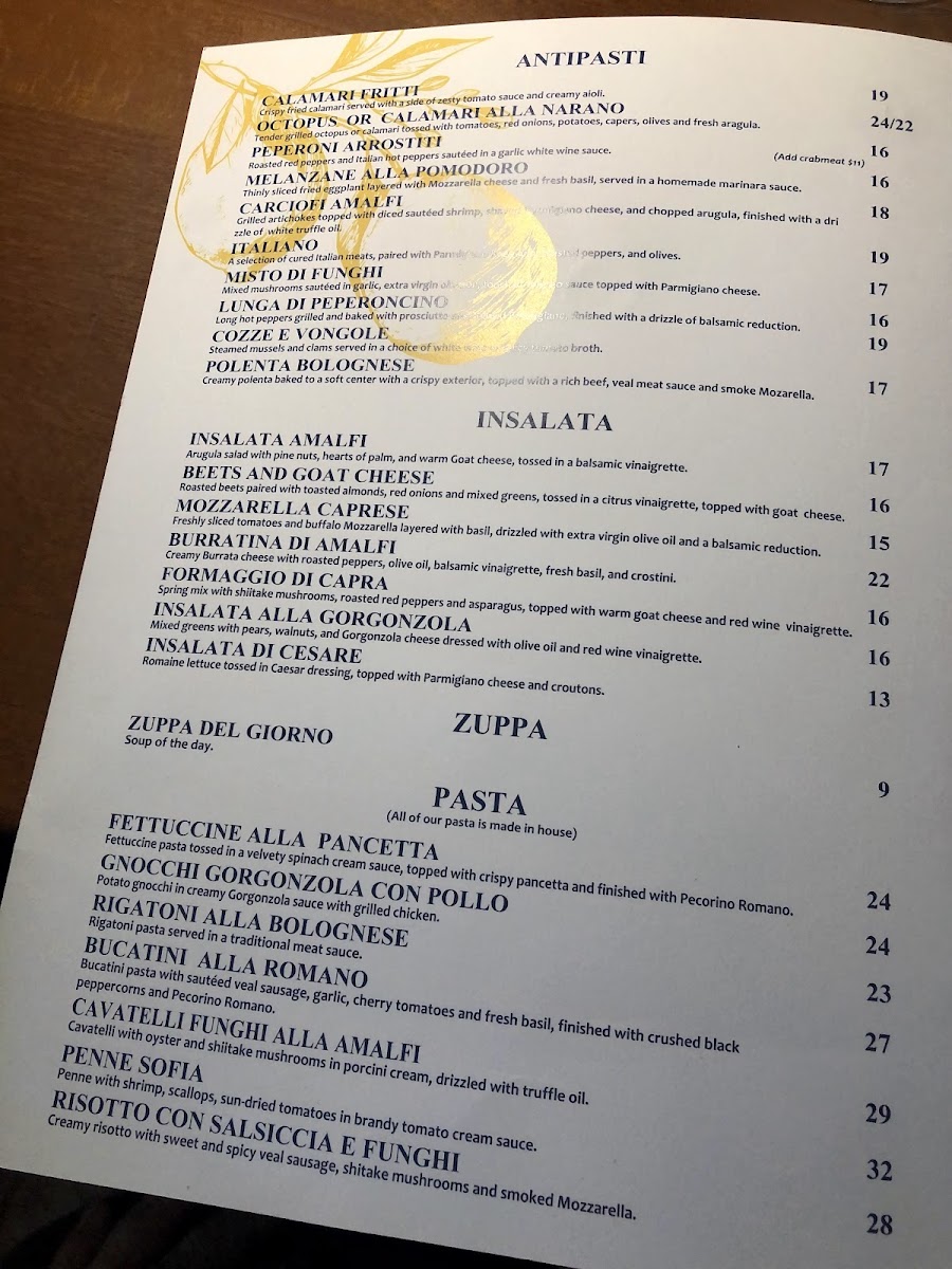 Amalfi Ristorante BYOB menu board