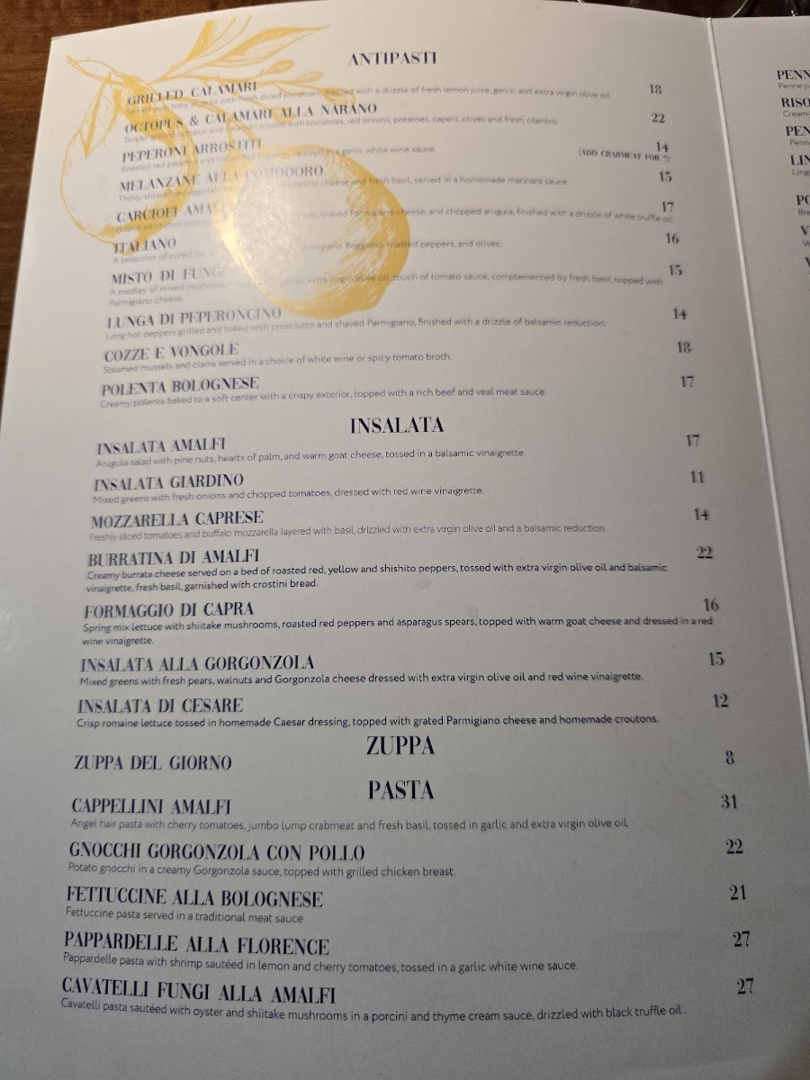Amalfi Ristorante BYOB menu board