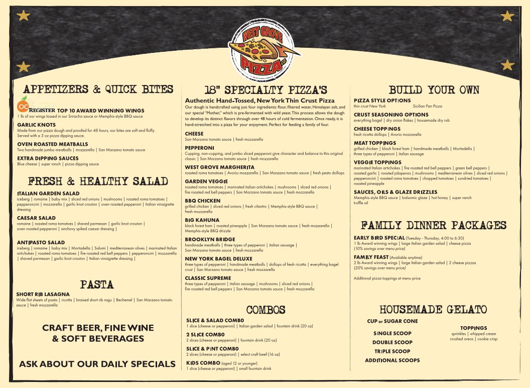 West Grove Pizza Co menu board
