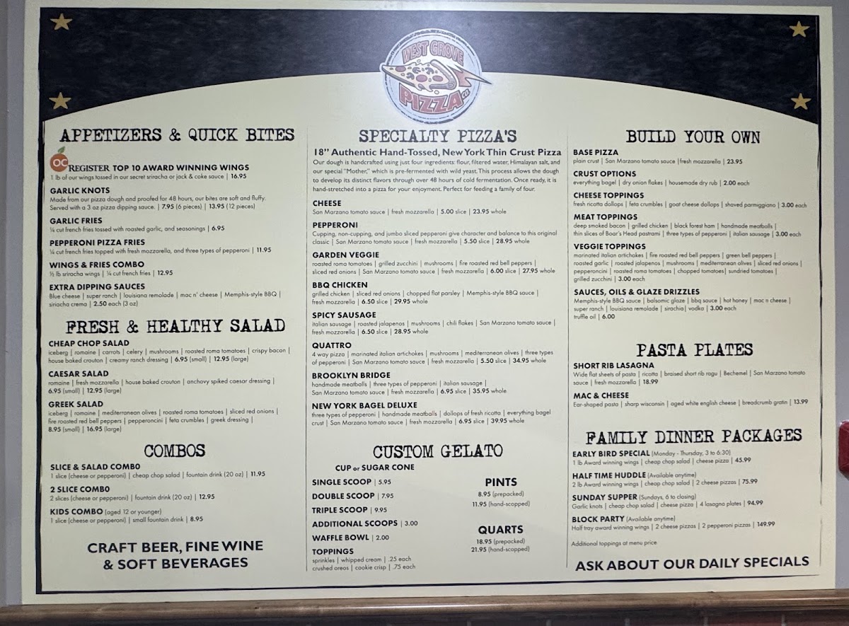 West Grove Pizza Co menu board