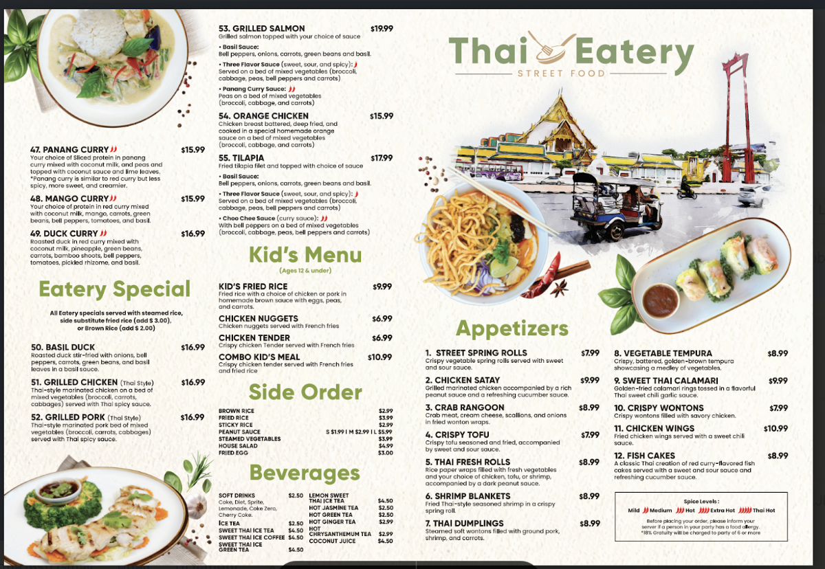 Thai Eatery menu board