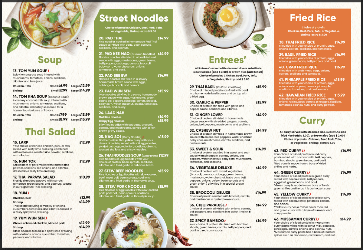 Thai Eatery menu board