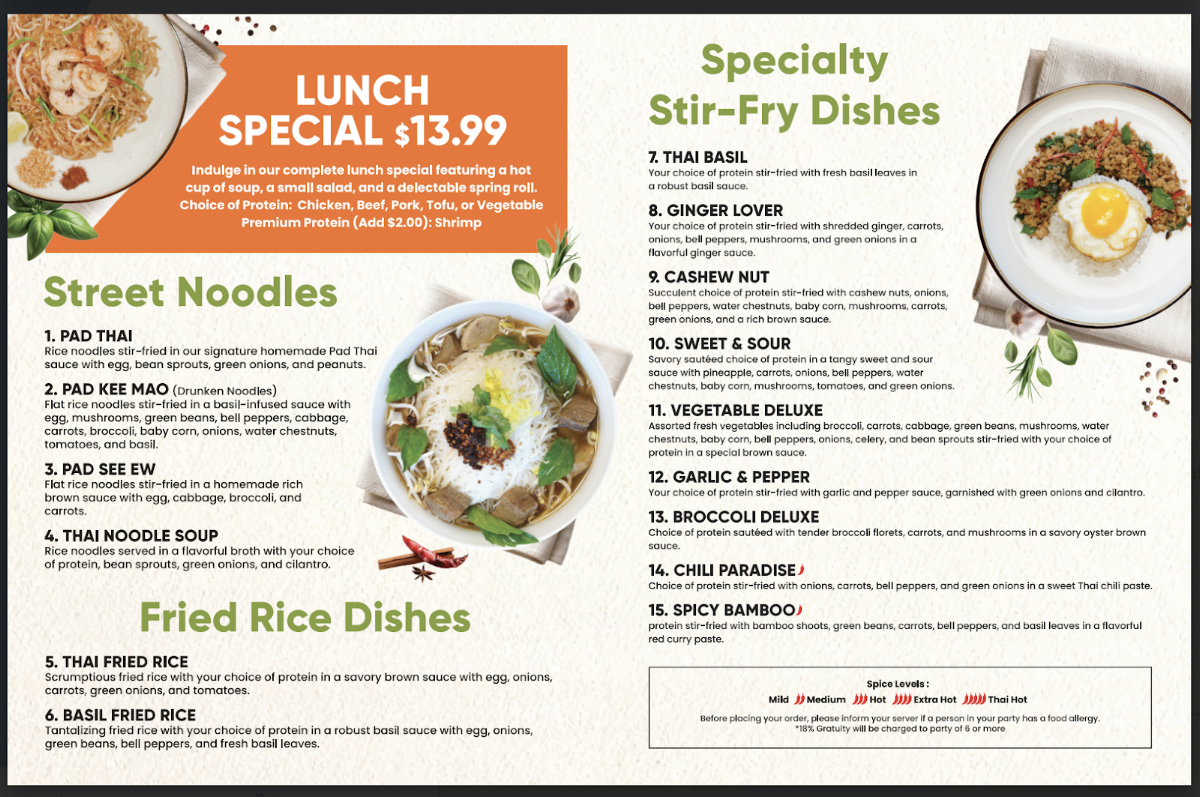 Thai Eatery menu board