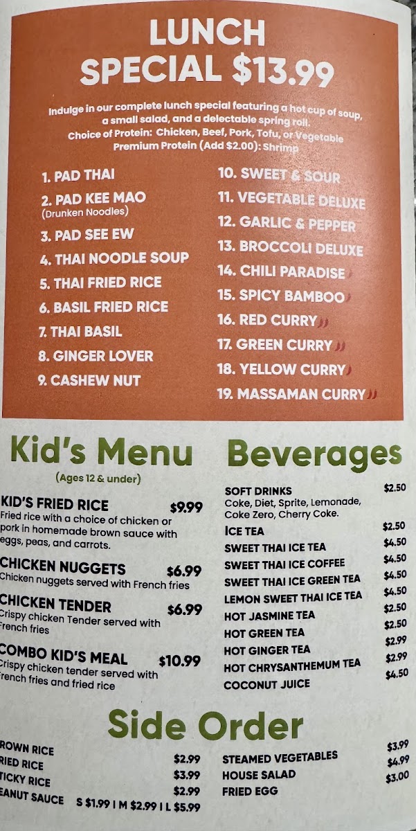 Thai Eatery menu board