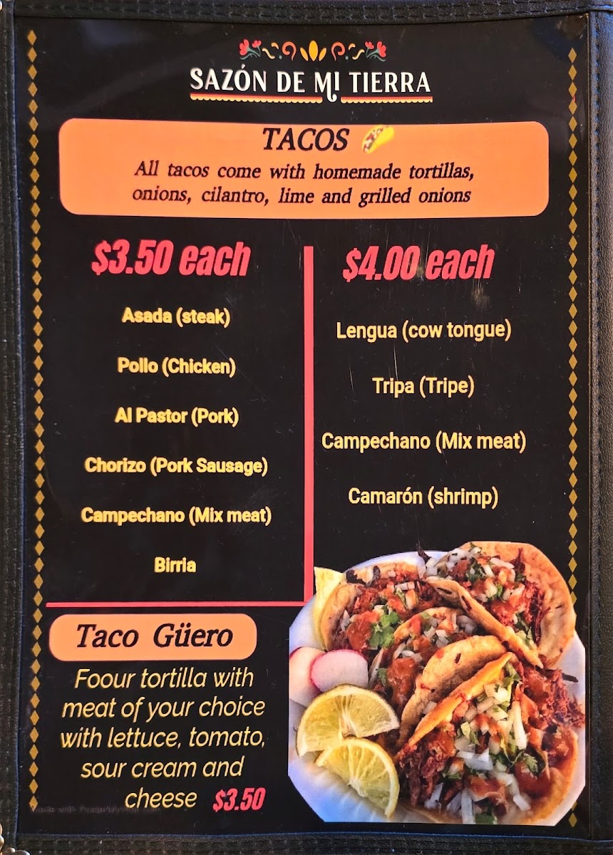 Sazón de mi Tierra menu board