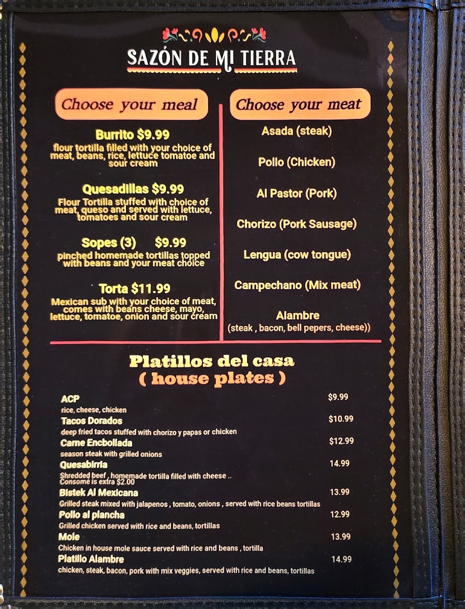 Sazón de mi Tierra menu board
