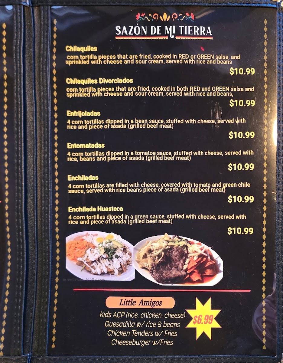Sazón de mi Tierra menu board
