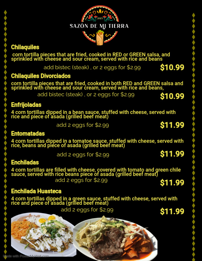 Sazón de mi Tierra menu board