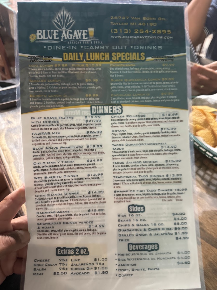 Blue Agave Mexican Bar & Grill menu board