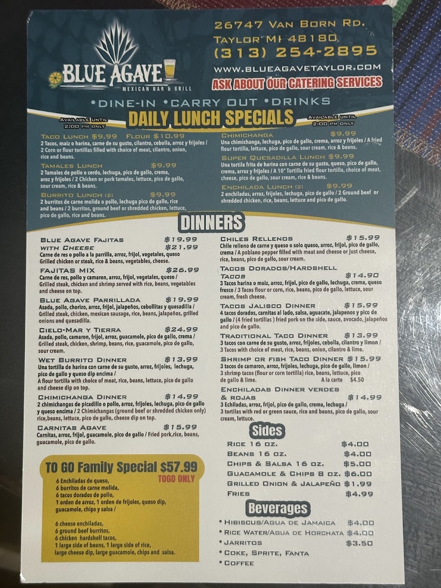 Blue Agave Mexican Bar & Grill menu board