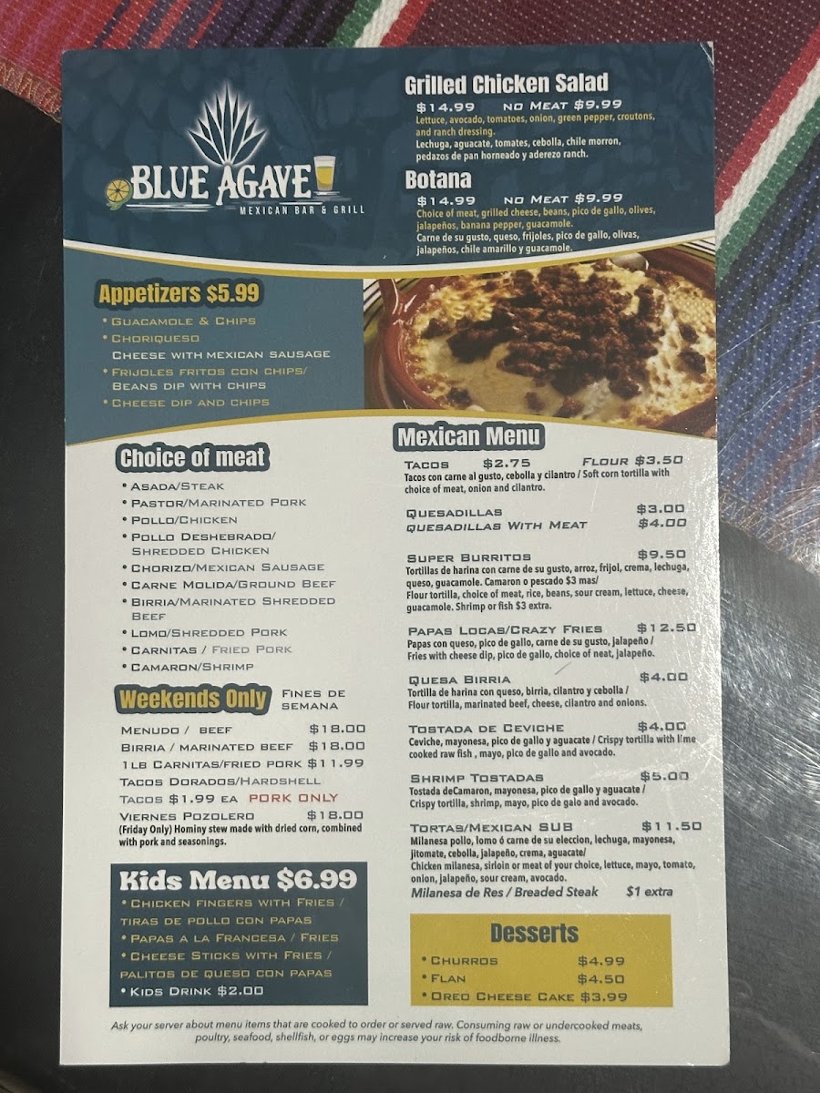 Blue Agave Mexican Bar & Grill menu board