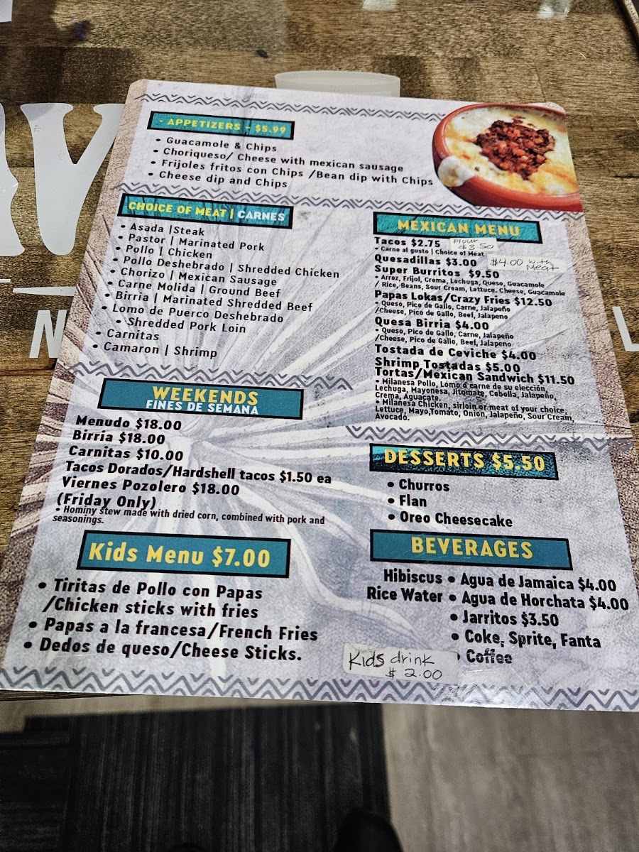 Blue Agave Mexican Bar & Grill menu board
