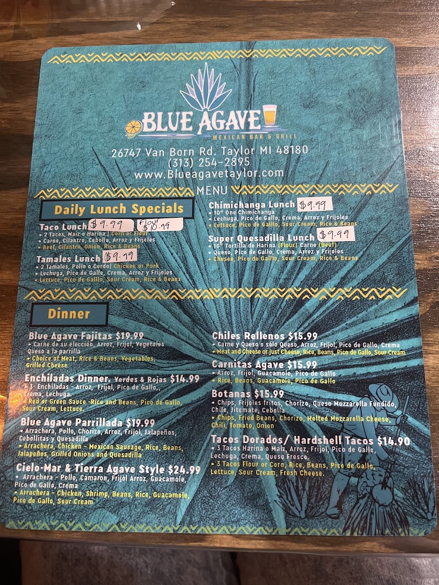 Blue Agave Mexican Bar & Grill menu board