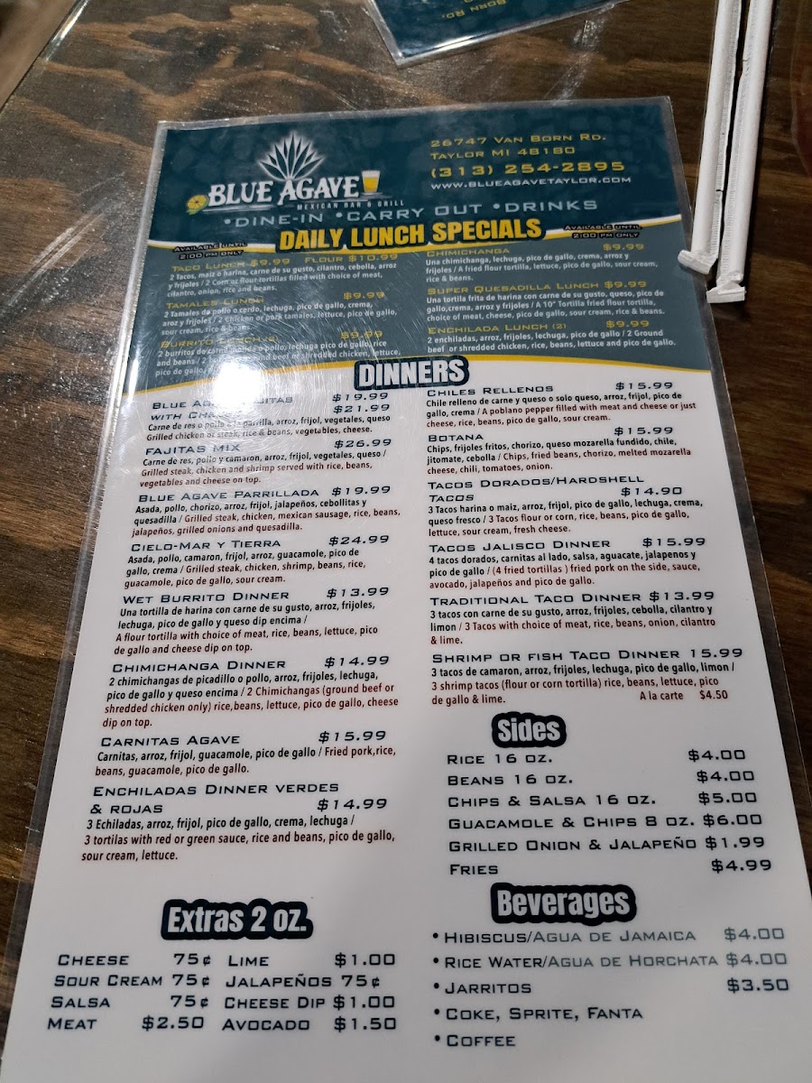 Blue Agave Mexican Bar & Grill menu board