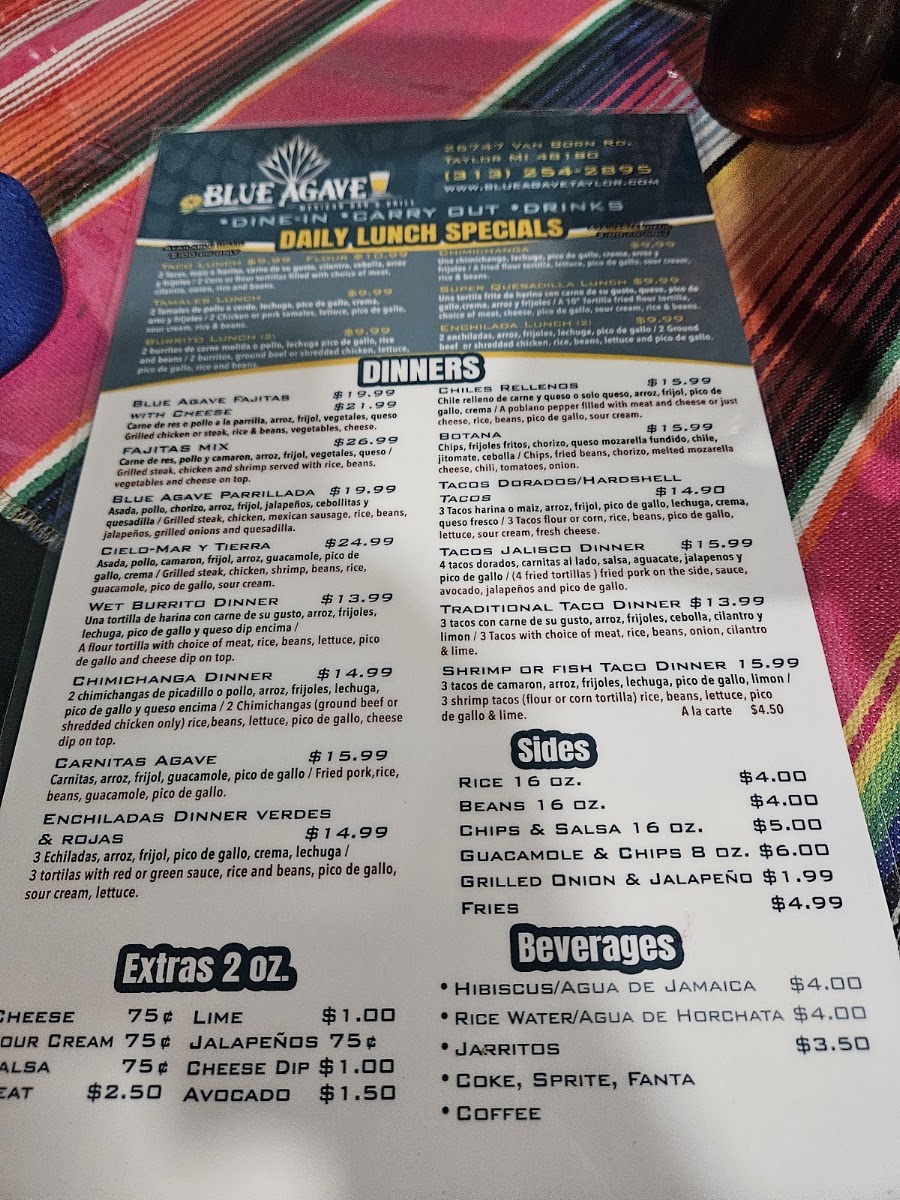 Blue Agave Mexican Bar & Grill menu board