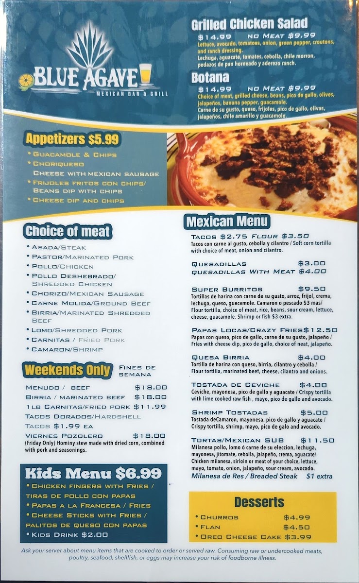 Blue Agave Mexican Bar & Grill menu board