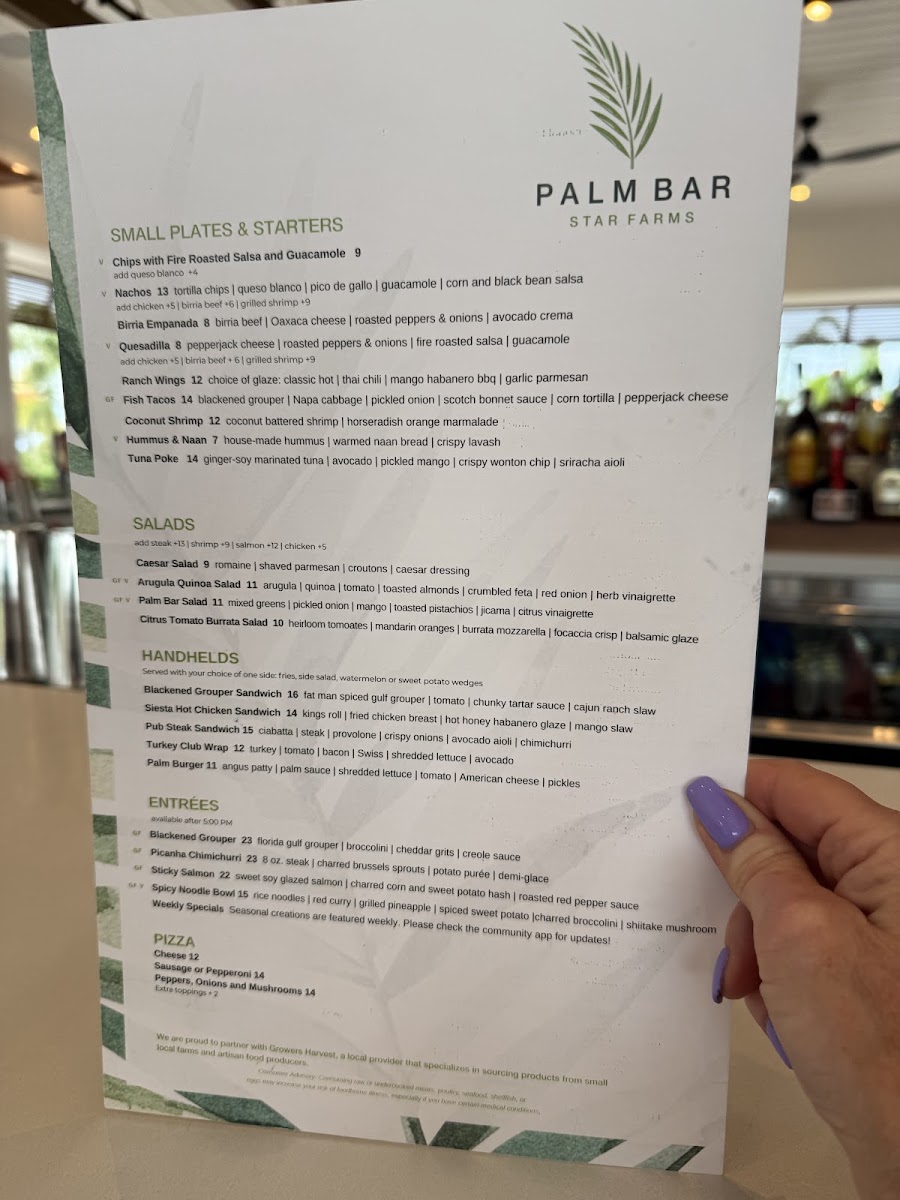 Palm Bar Star Farms menu board