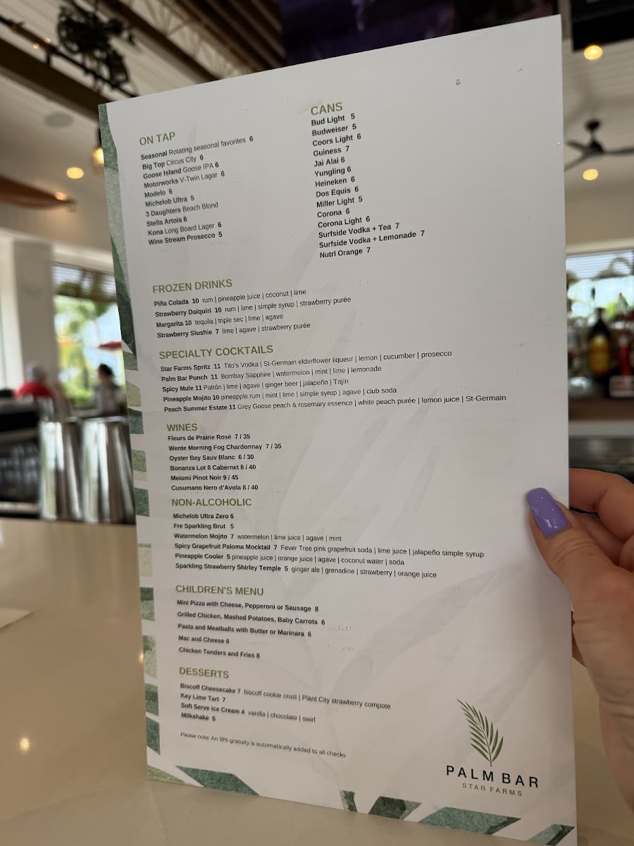 Palm Bar Star Farms menu board