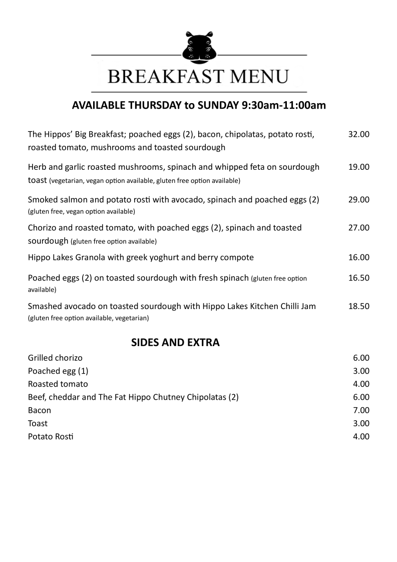 Hippo Lakes menu board