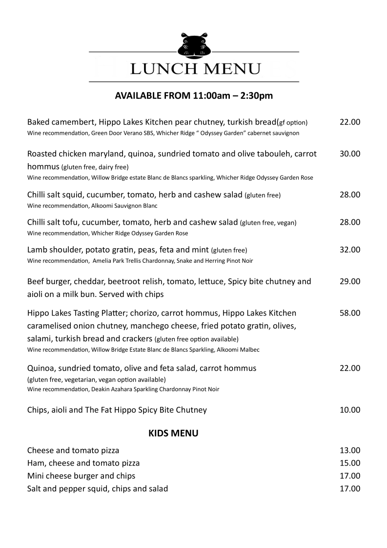 Hippo Lakes menu board