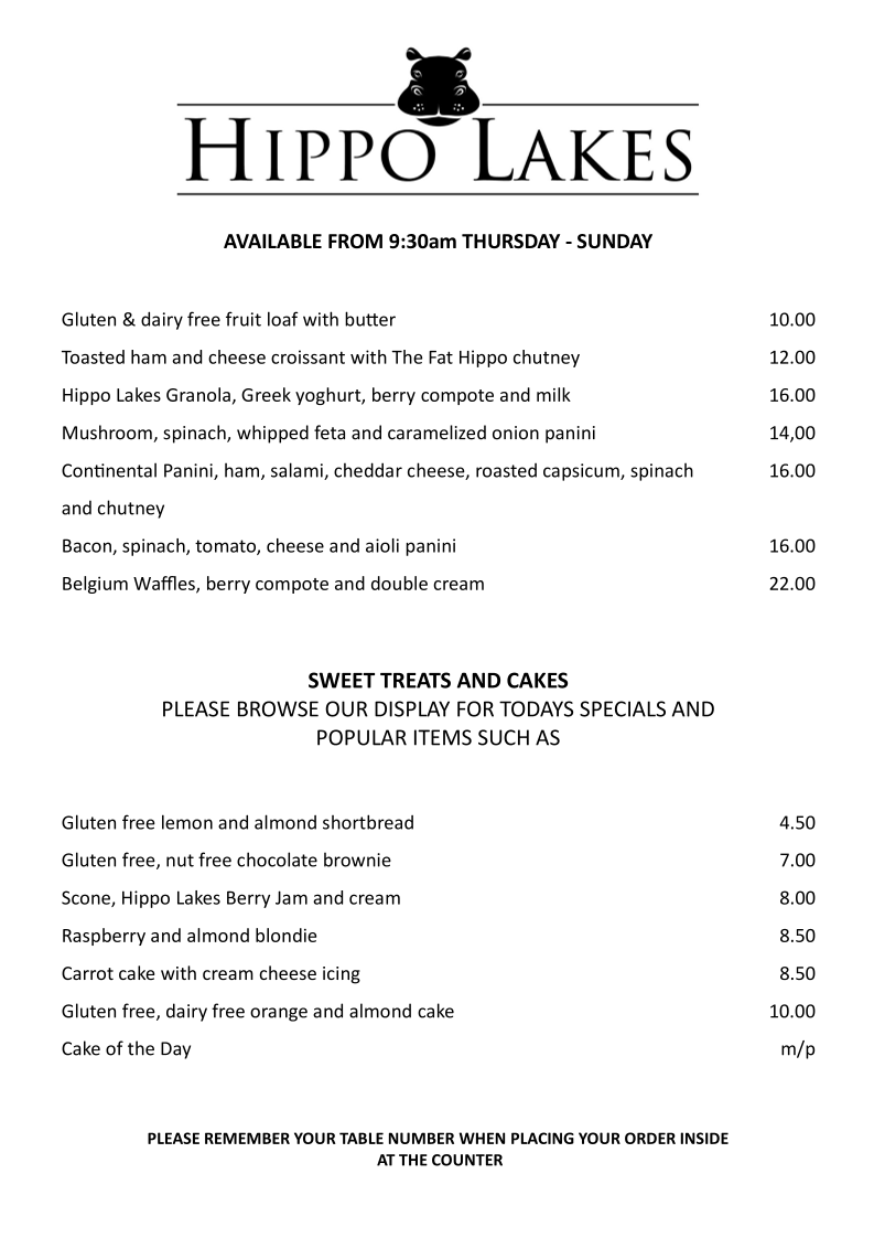 Hippo Lakes menu board