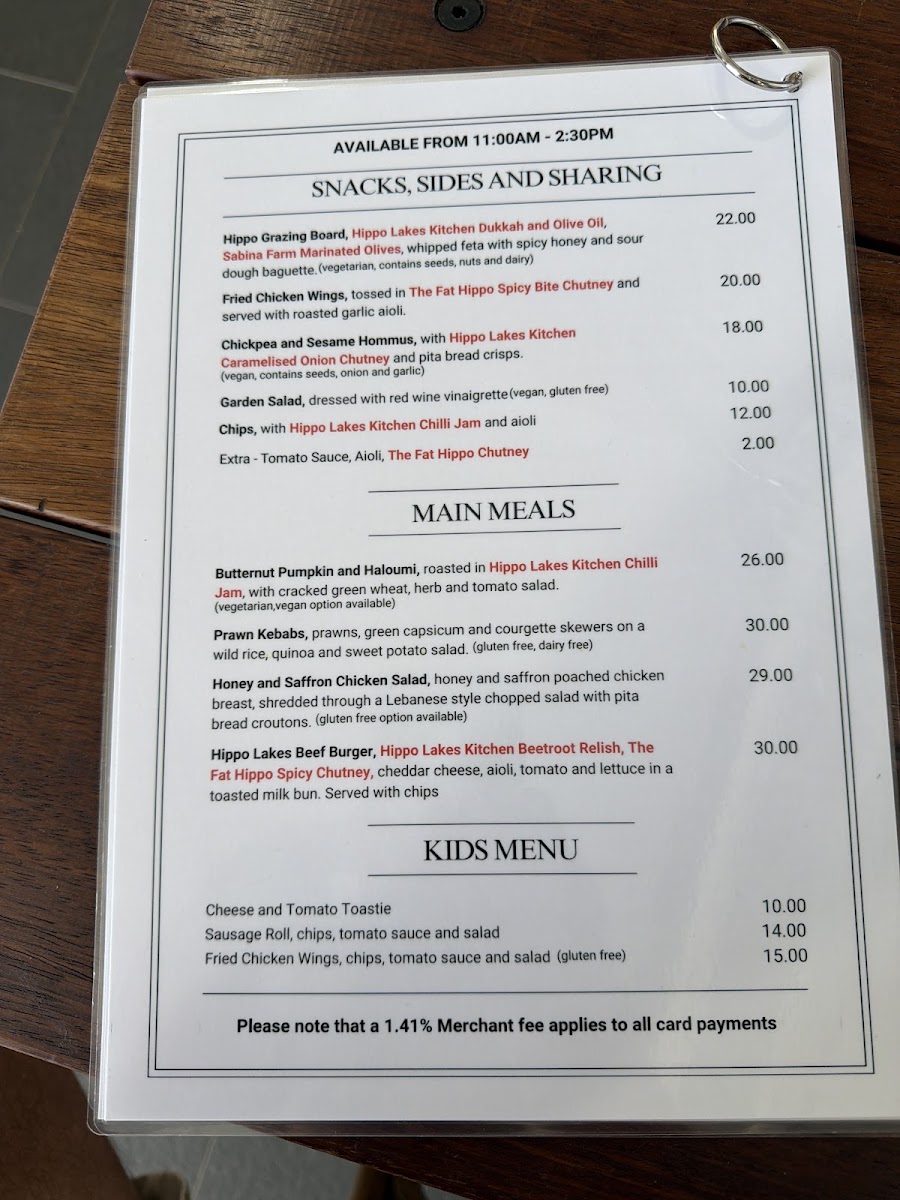 Hippo Lakes menu board