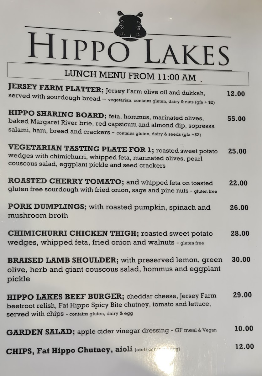 Hippo Lakes menu board
