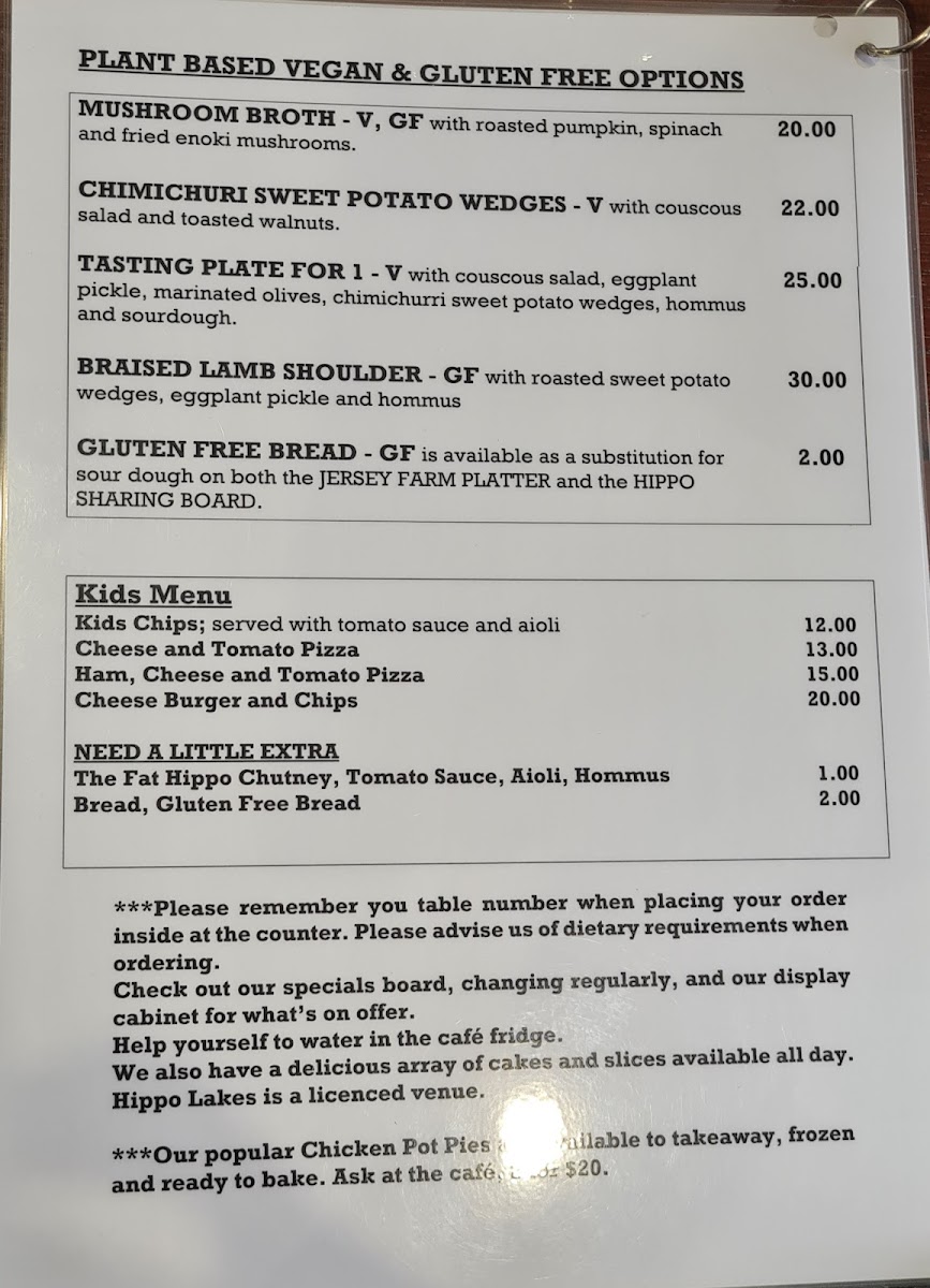Hippo Lakes menu board