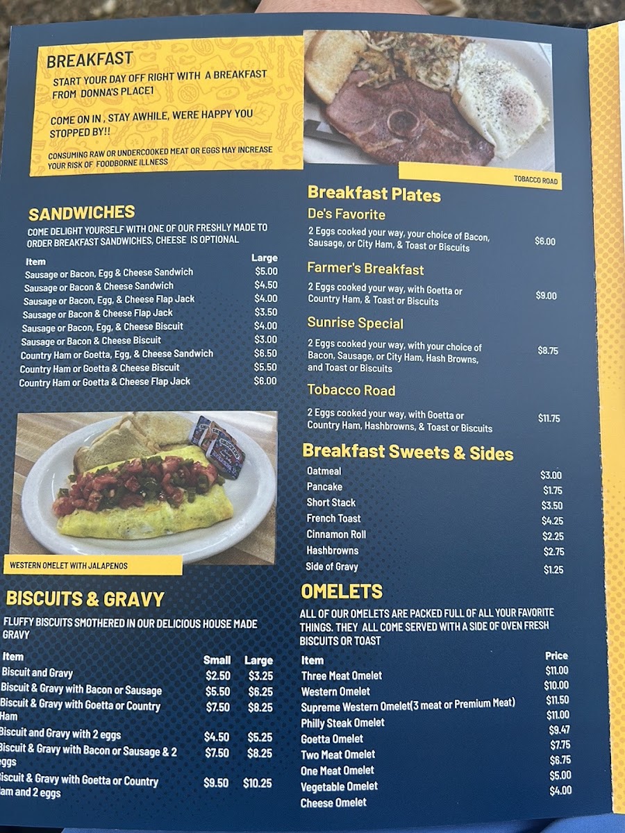 Donna's Place menu board
