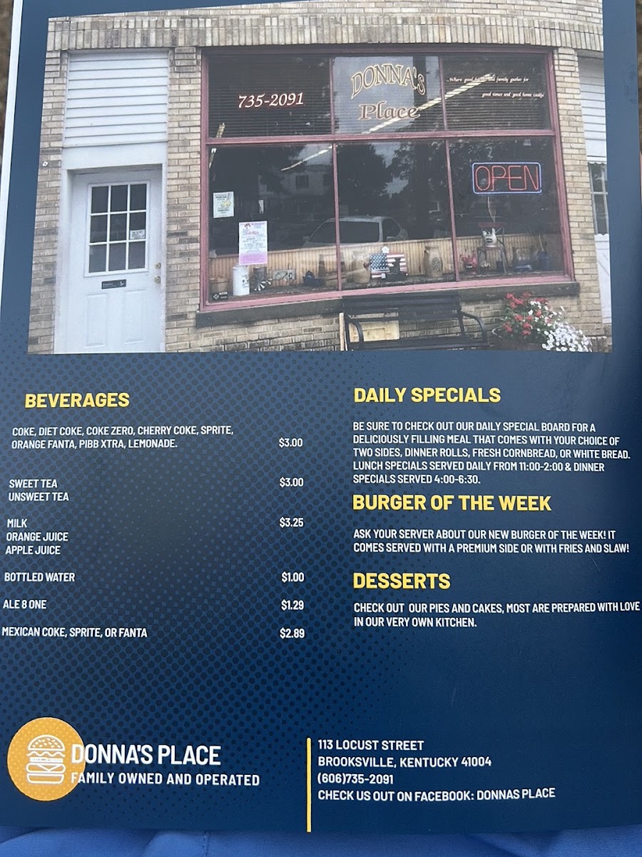 Donna's Place menu board