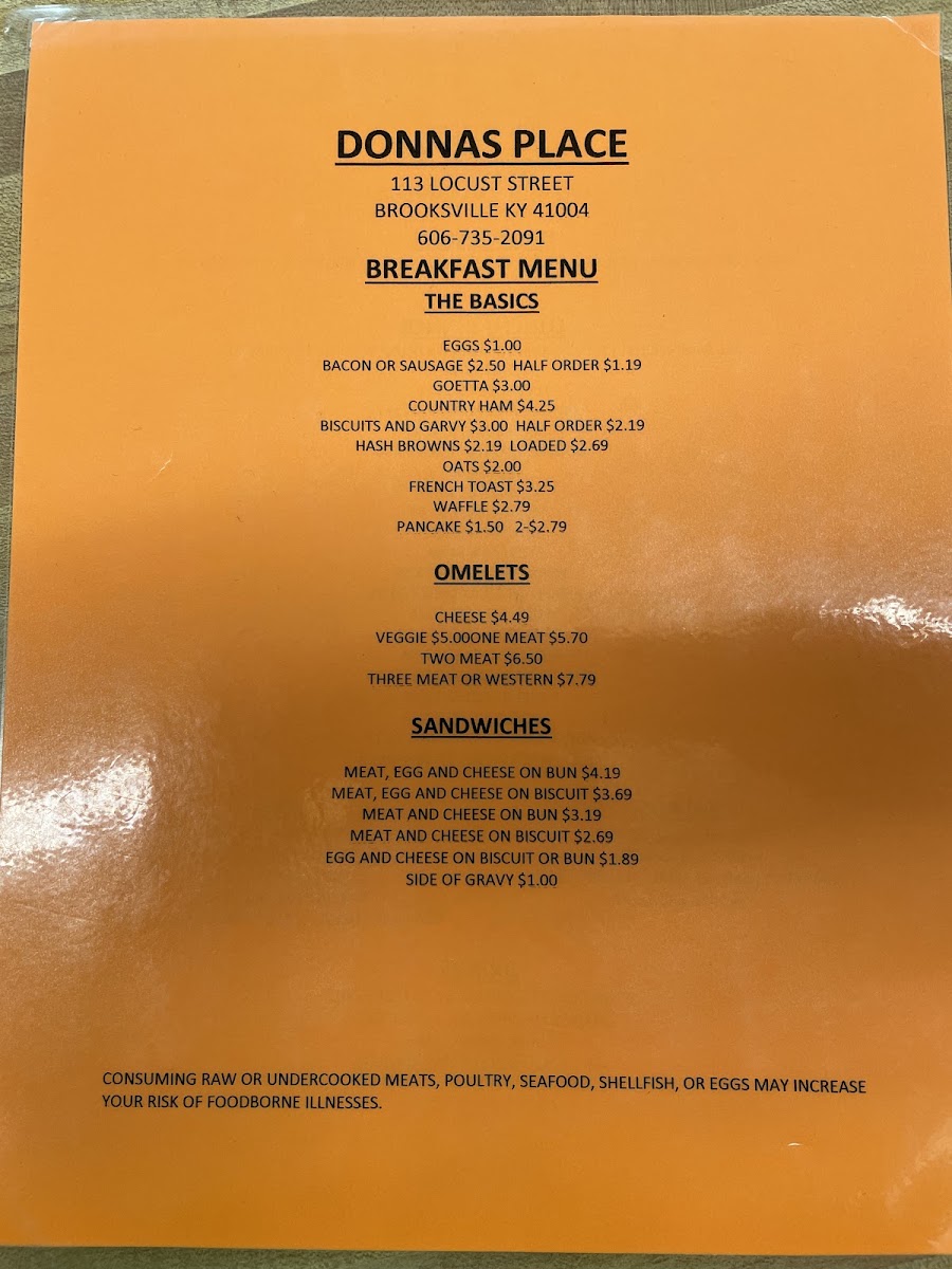 Donna's Place menu board