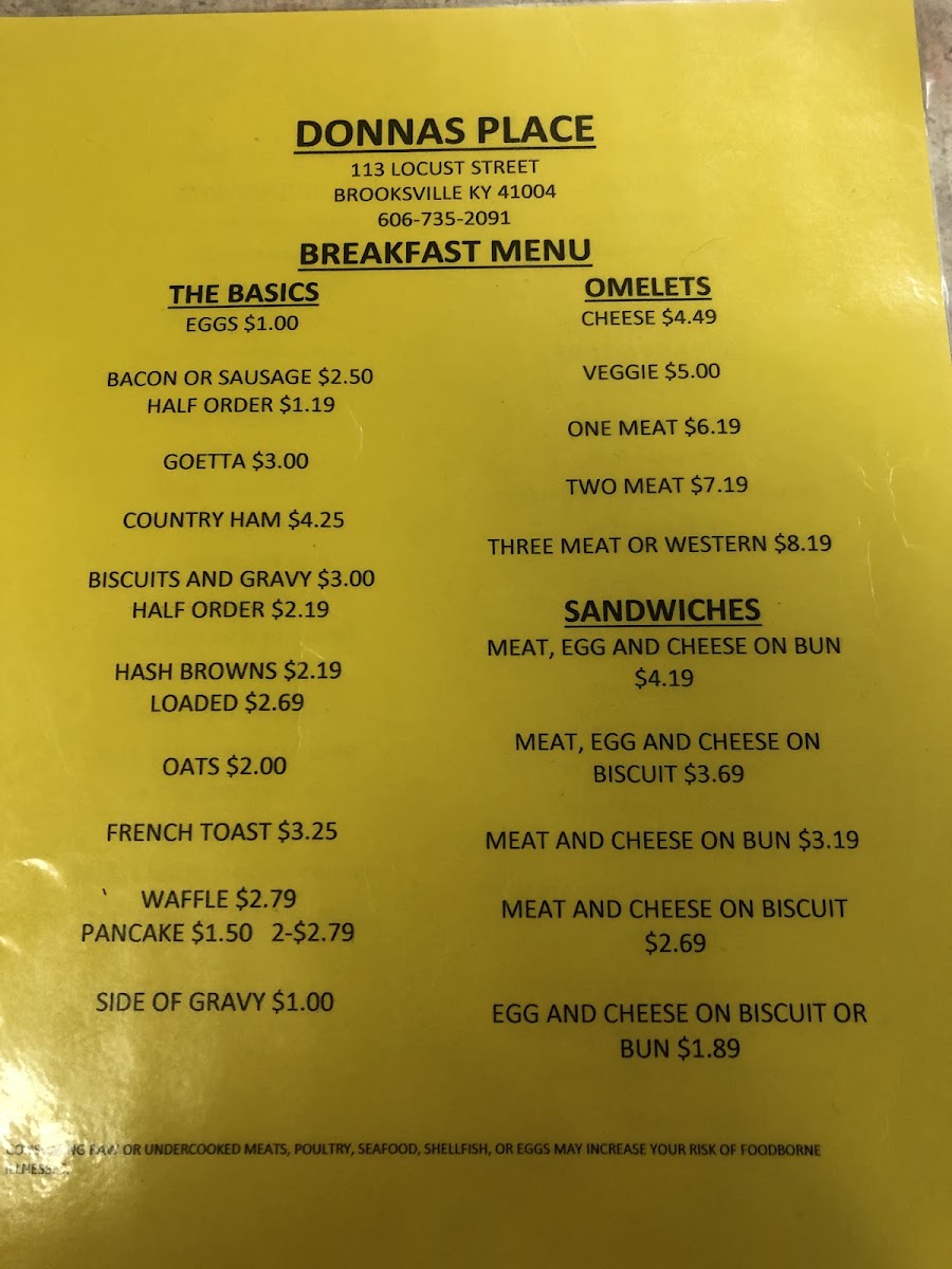 Donna's Place menu board